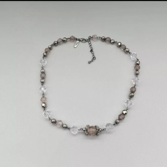 NY Necklace Smokey Gray Clear Faceted Beaded Strand 15" Collar - Picture 2 of 7